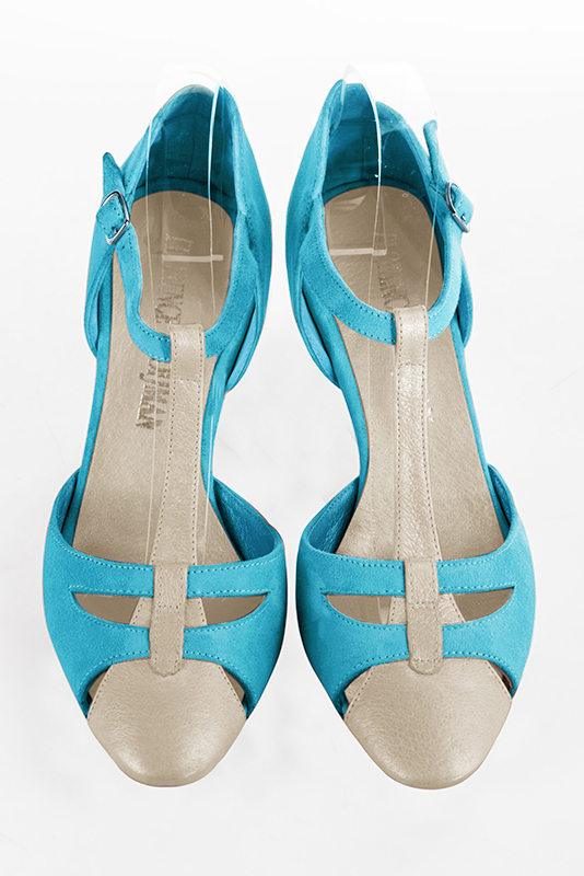Gold and turquoise blue women's T-strap open side shoes. Round toe. High kitten heels. Top view - Florence KOOIJMAN